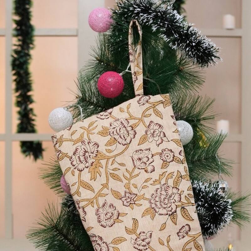 Fabdivine Linen or Cotton Hand Block Home Decorative Christmas Stockings - 16"X6.5"