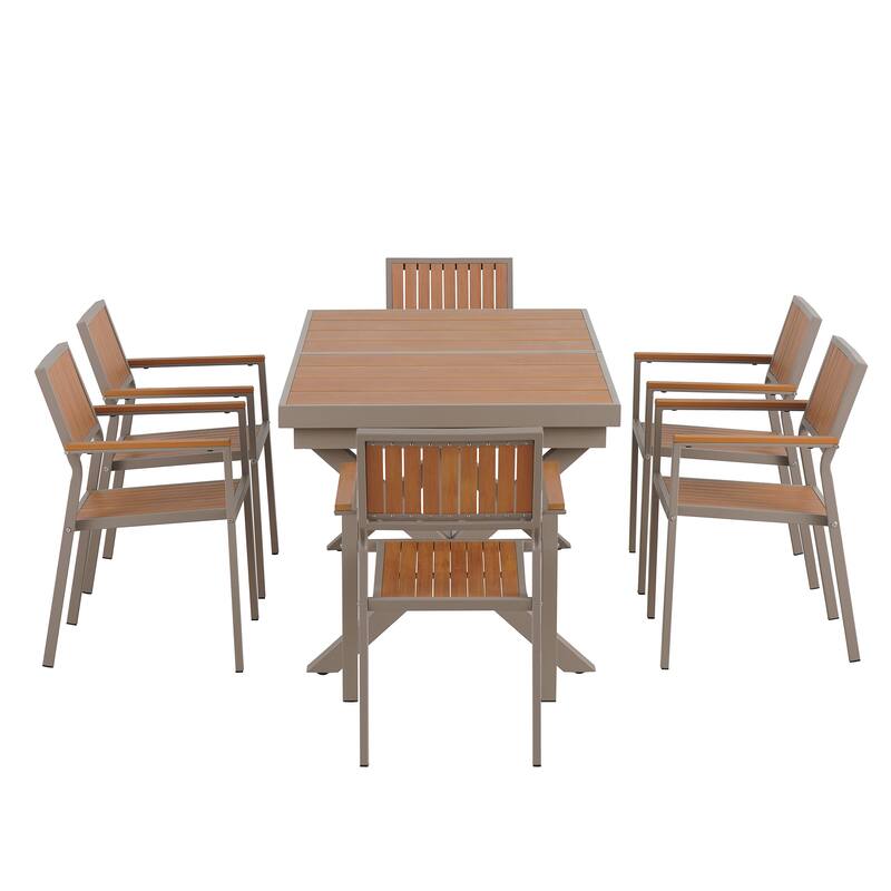 Outdoor Dining Set with 6 Chairs and X-Shaped Legs Extendable Table, Aluminum Patio Dining Table Set