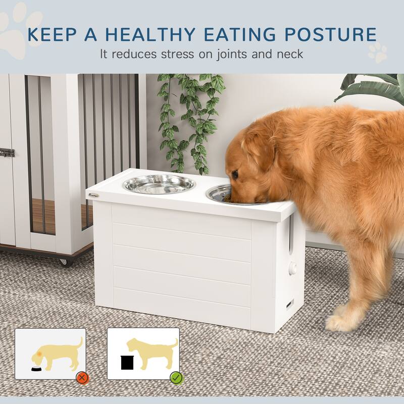 PawHut Elevated Dog Bowls with Slow Feeder Mat & Semi-Auto Dispenser Function, Pet Feeding Station with Storage Cabinet, White
