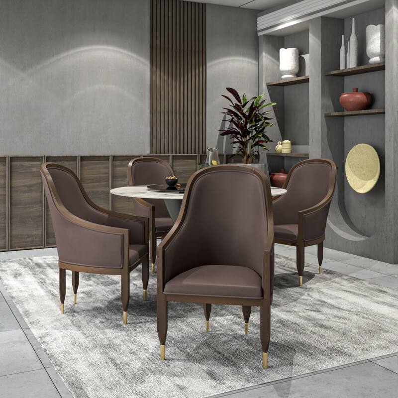 Belle Upholstered Leather Dining Chair Rubberwood Legs with Gold Caps Set of 2