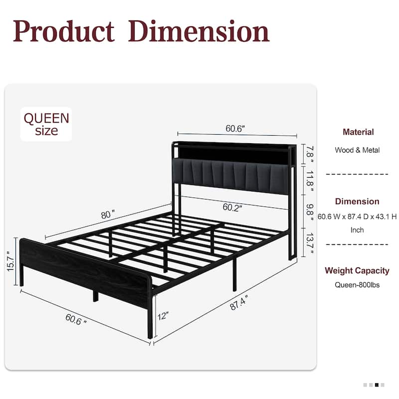 Queen Size Bed Frame with LED Headboard & USB Charging – Storage-Friendly Platform Bed with Snap Assembly