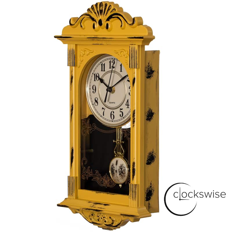 Clockswise Vintage Grandfather Wood-Looking Plastic Pendulum Decorative Battery-Operated Wall Clock Brown, for Home Decor