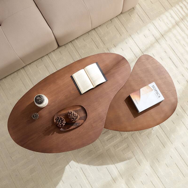 Irregular Shape Coffee Table Set, Two-Piece Staggered Height End Table, Accent Table with Embossed Legs