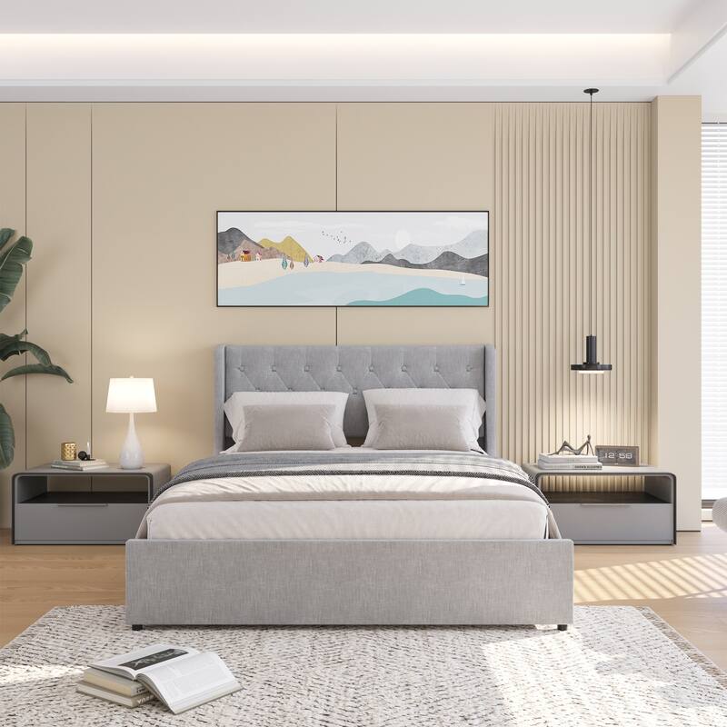 Grey Queen Size Upholstered Bed with Wingback Headboard, 4 Storage Drawers, Button Tufted Design - Light Gray