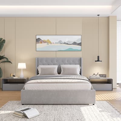 Queen Size Bed Frame with 4 Storage Drawers and Wing back Headboard, Button Tufted Design