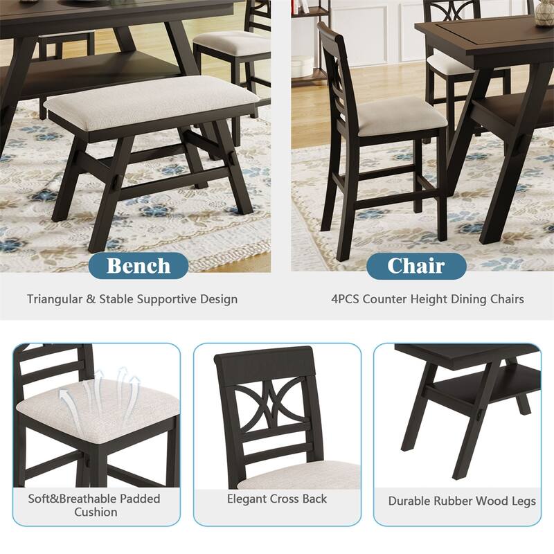 6-Piece Wood Counter Height Dining Table Set with Storage Shelf