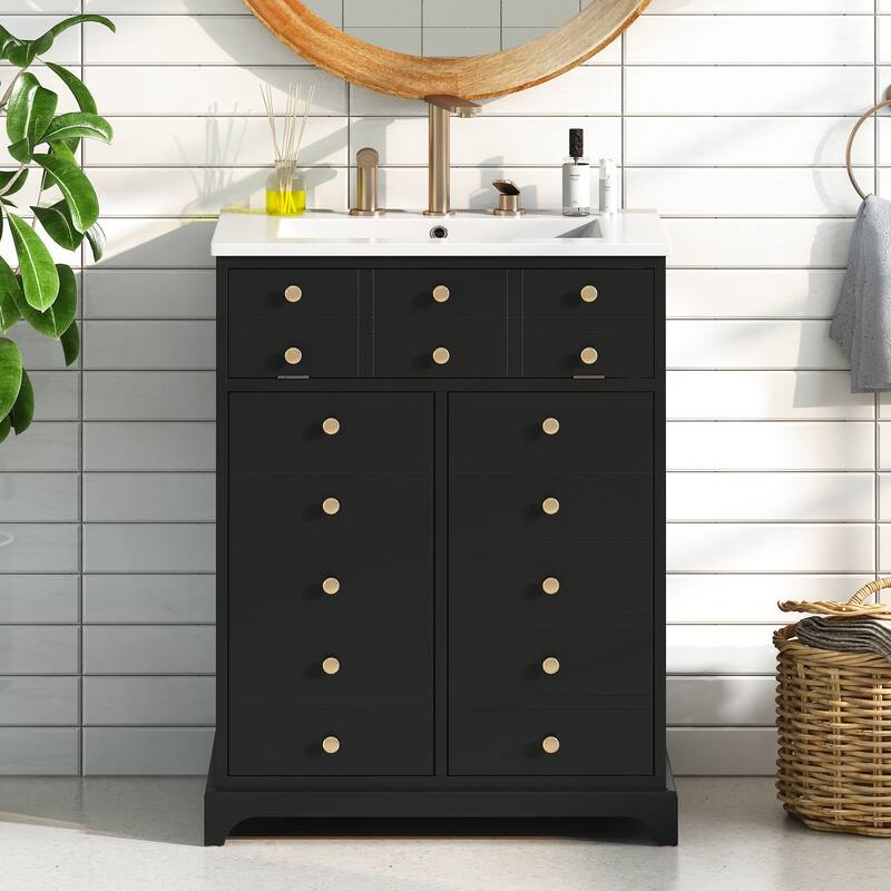 Bathroom Vanity with Tip-out Drawer and Soft-Closing Doors, Solid Wood Frame Bathroom Storage Cabinet with Ceramic Sink