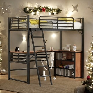 Contemporary Full Size Metal Loft Bed with 3 Layers of Shelves and L-shaped Desk, Versatility galore, Maximized space, Black