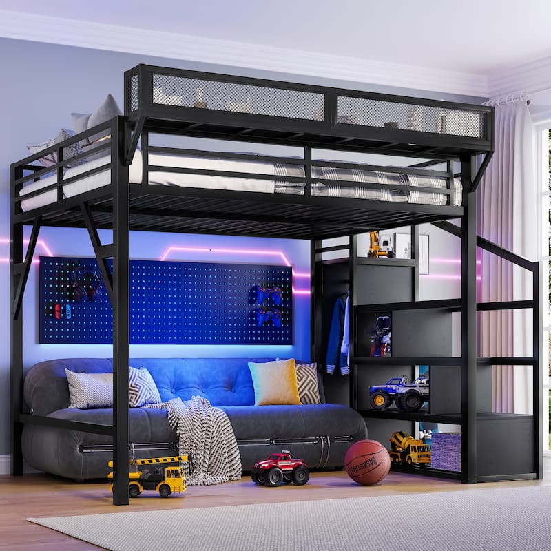 GDFStudio - Cherry Loft Bed with Desk, Wardrobe and USB Ports and LED Lights