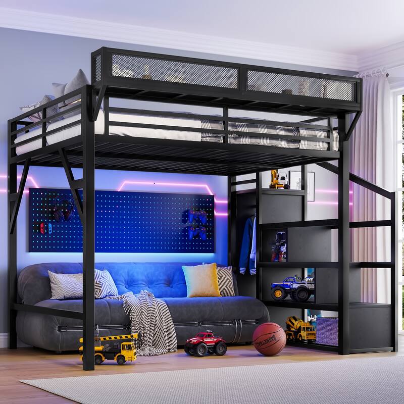 Queen Size Metal Loft Bed with Storage Stairs, Shelves & Built-in Wardrobe - Features USB Ports and LED Lighting