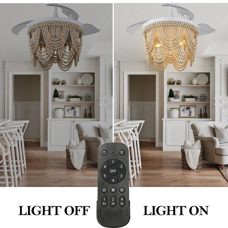 Cusp Barn 42" Retractable Ceiling Fan with Light,Farmhouse Bohemian Chic Fan Light,Wooden Bead Chandelier,Quiet DC Motor,6 Speed