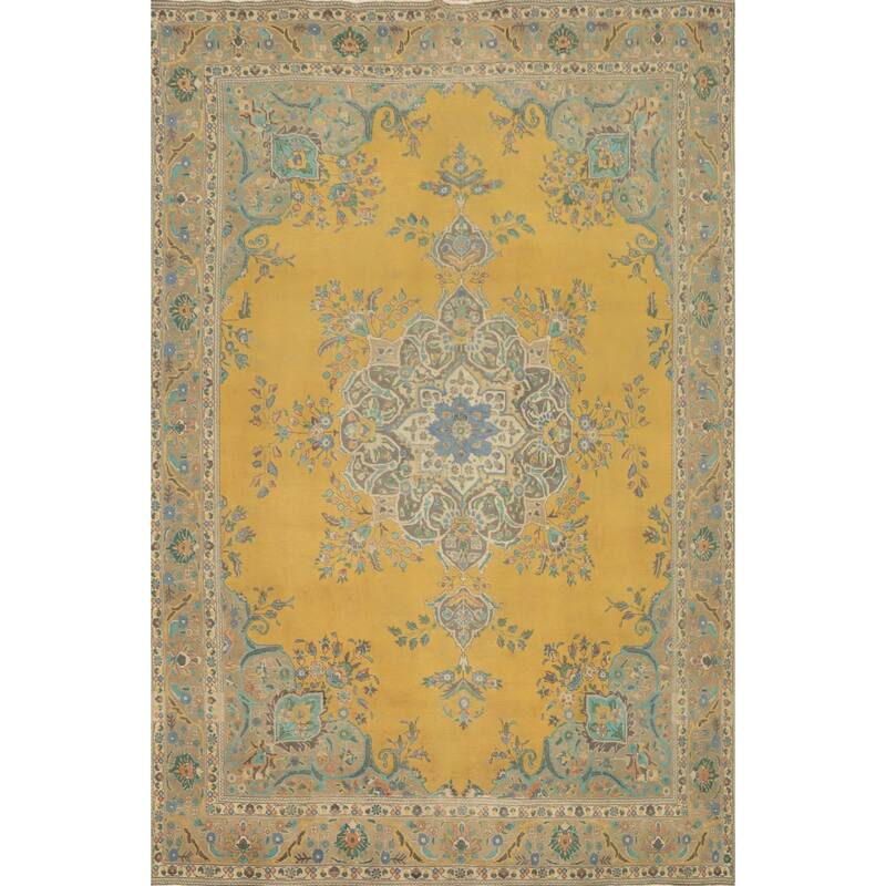 Hand Knotted Oriental 100% Wool Carpet Traditional Floral Yellow & Gold Tabriz Area Rug - 12' 5'' X 9' 8''