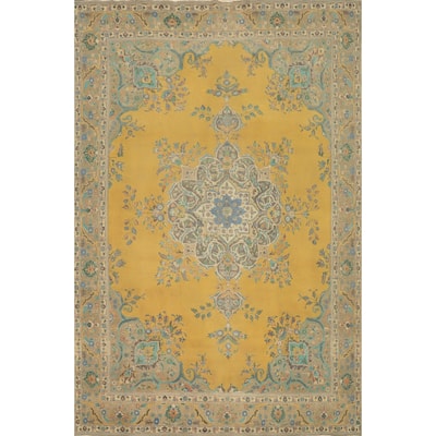 Hand Knotted Oriental 100% Wool Carpet Traditional Floral Yellow & Gold Tabriz Area Rug - 12' 5'' X 9' 8''