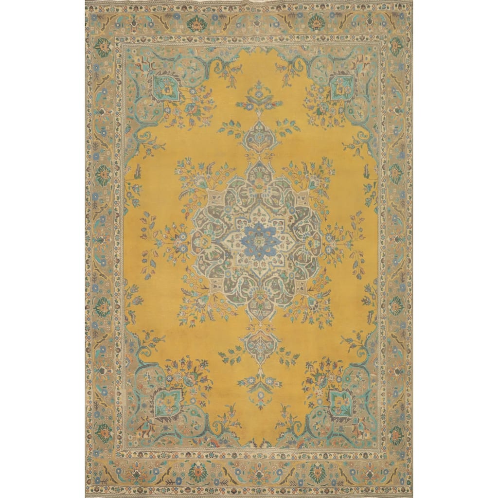 Hand Knotted Oriental 100% Wool Carpet Traditional Floral Yellow & Gold Tabriz Area Rug - 12' 5'' X 9' 8''