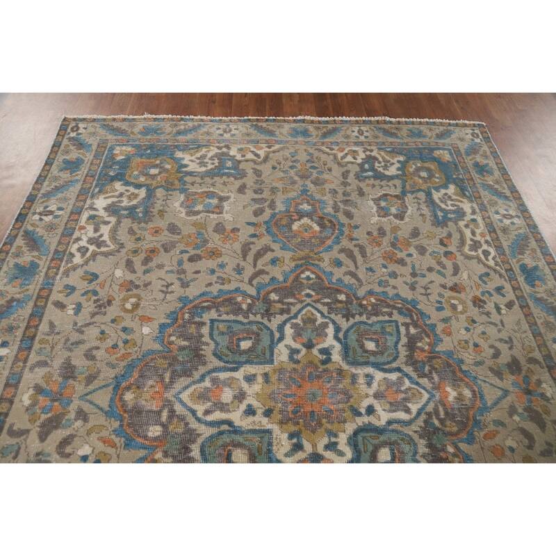 Distressed Tabriz Vintage Persian Rug Handmade Beige Wool Carpet - 6'5" x 9'3"