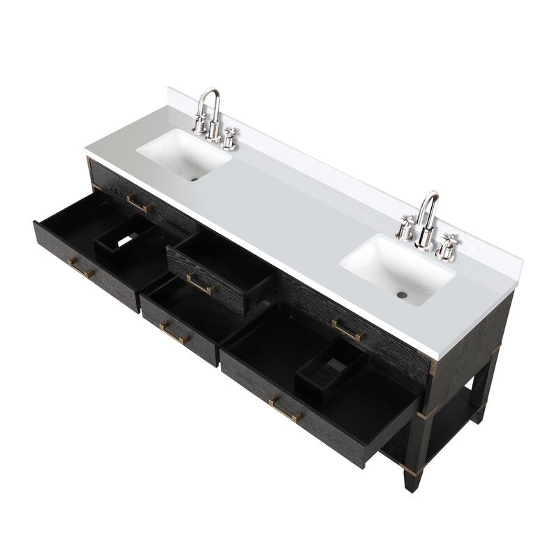 Norwalk 60 in W x 22 in D Black Oak Double Bath Vanity, Cultured Marble Top, Faucet Set, and 28 in Mirrors