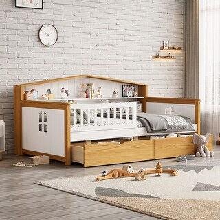 Wood House Bed with Two Drawers and Bookcase