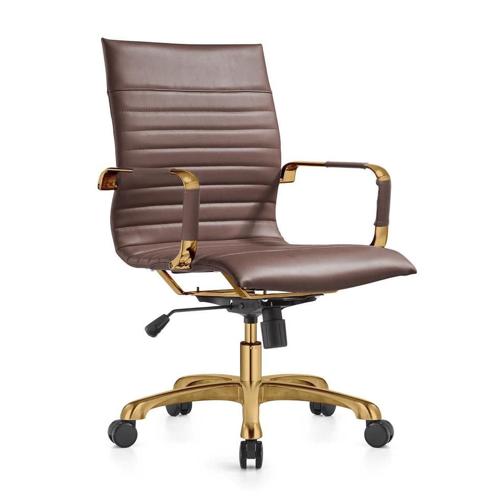 Harris Modern Mid-Back Leather Office Chair with Gold Frame, Padded Seat, Adjustable Height, 360° Swivel and Rolling Casters