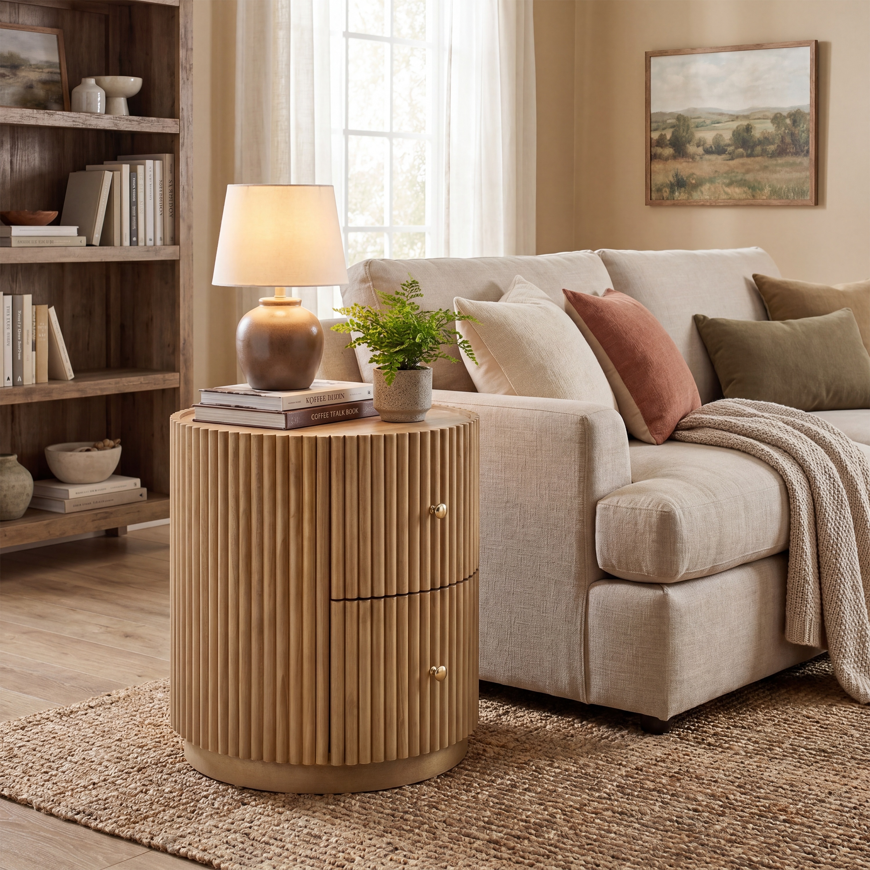 Christopher Knight Home - Mid-Century Versatile Round Side Table/Nightstand, Pine Tambour Design & 2 Hidden Drawers
