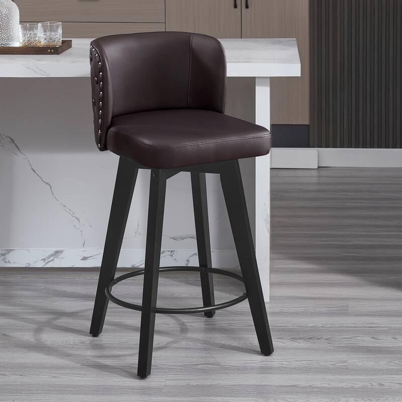 27.5" Faux Leather Upholstered Swivel Counter Height Bar Stool with Wooden Frame, Set of 1/2/3/4 - Brown - Single