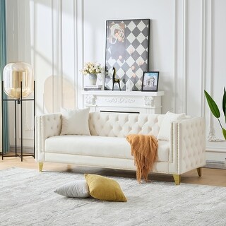 80" Chesterfield Velvet Fabric Sofa, 3 Seater Tufted Upholstered Sofa ...