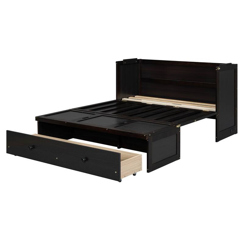 Space-Saving Full Size Murphy Bed with USB Port and Large Drawer, Espresso Finish