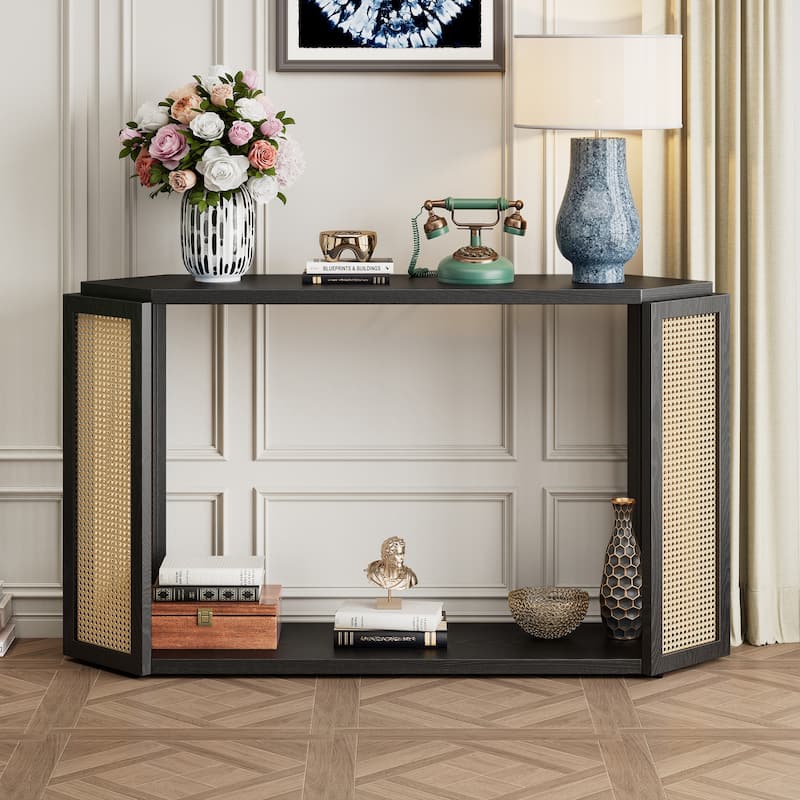53" Arrow Console Table with Woven Rattan - Black