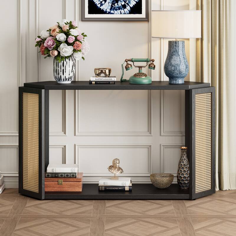 Narrow Console Table with Unique Irregular Top Design & Open Shelf - Black