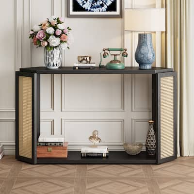 Narrow Console Table with Unique Irregular Top Design & Open Shelf