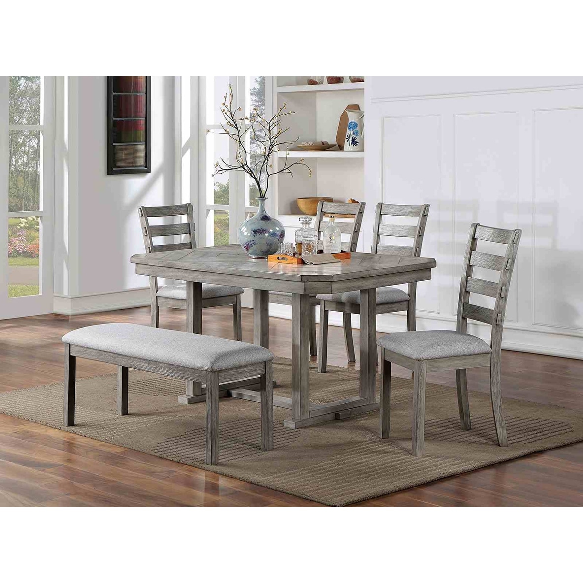 Rustic Gray Finish Dining Set Table and Upholstered Chairs