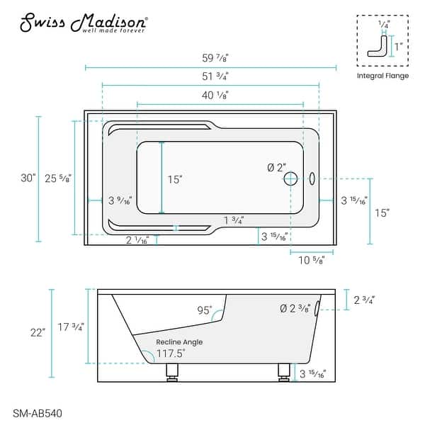 dimension image slide 3 of 20, Swiss Madison Voltaire, Acrylic White, Alcove, Integral Armrest, Bathtub with Apron