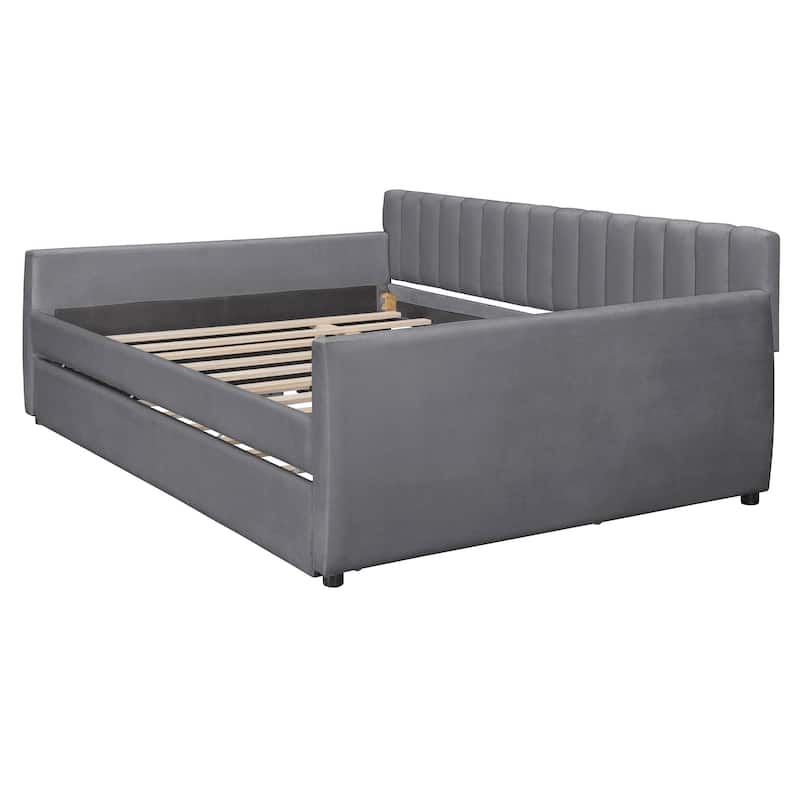 Full Size Upholstered daybed with Trundle and Wood Slat Support, Gray