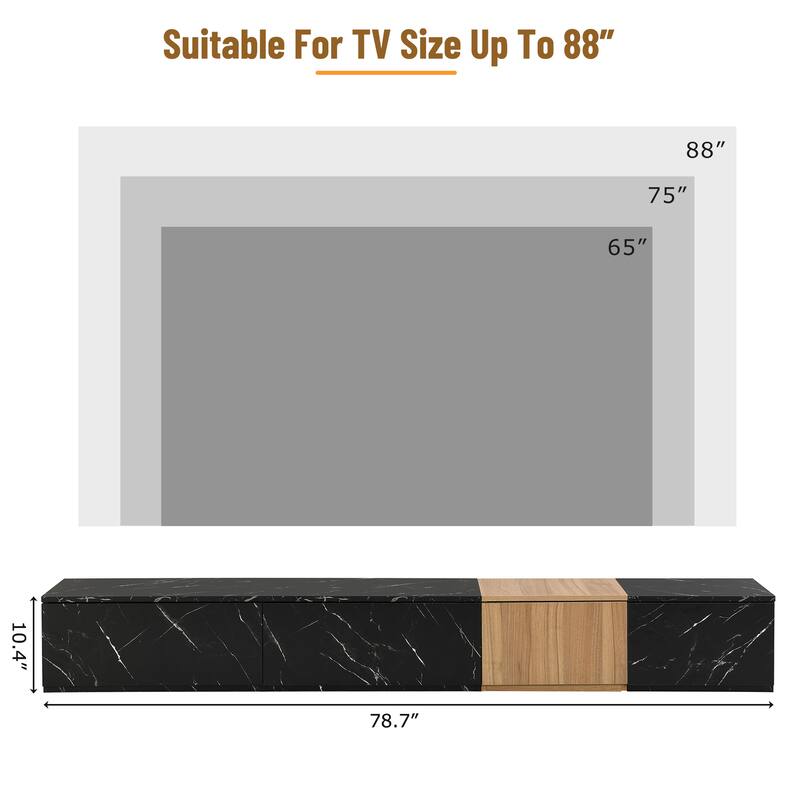 Modern TV Stand, for TVs Up to 88'' with Faux Marble and Walnut Wood Grain, 4 Storage Drawers, for Living Rooms, Black