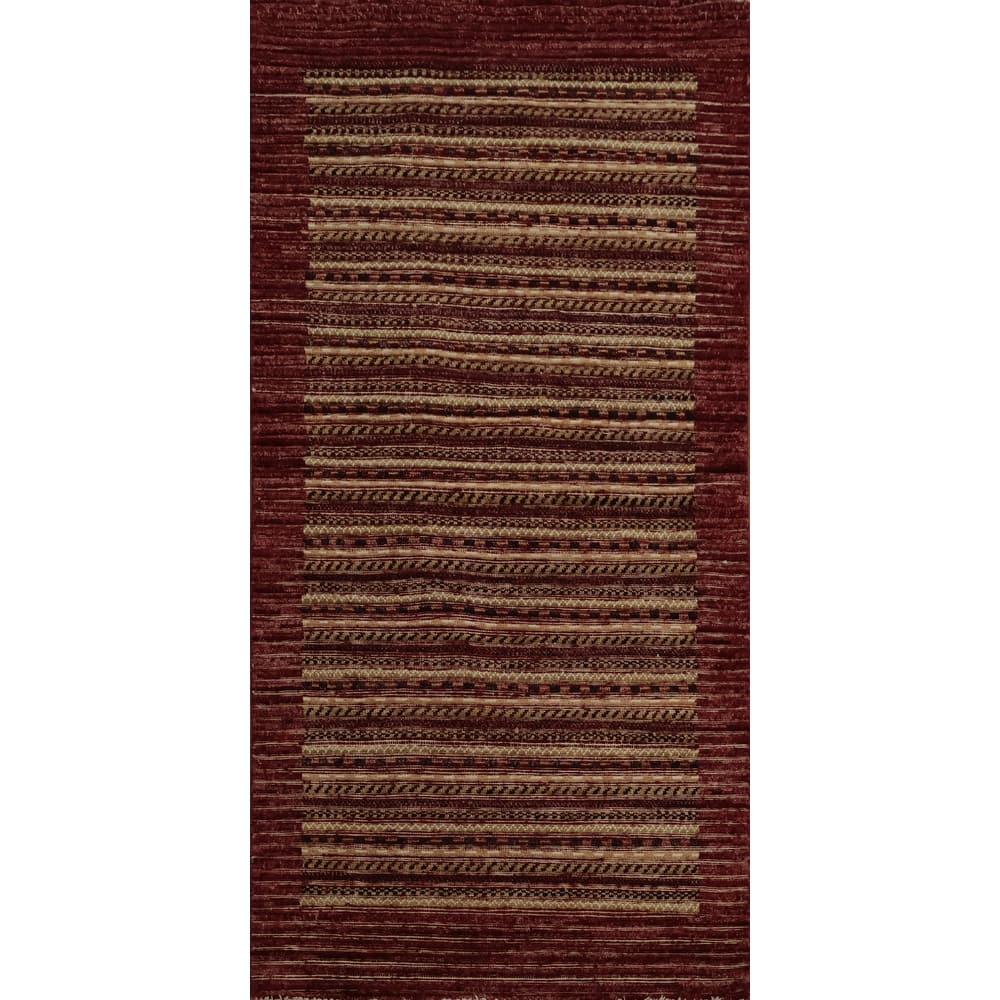Hand Knotted Oriental 100% Wool Carpet Modern Stripe Red Gabbeh Area Rug - 5' 9'' X 2' 10''