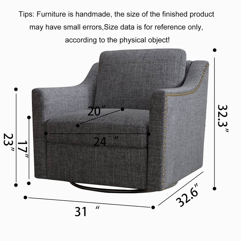 Oversized Swivel Accent Chair, Cotton Linen Fabric Upholstered Armchair, Single Sofa Chair with Brass Nailhead Trim