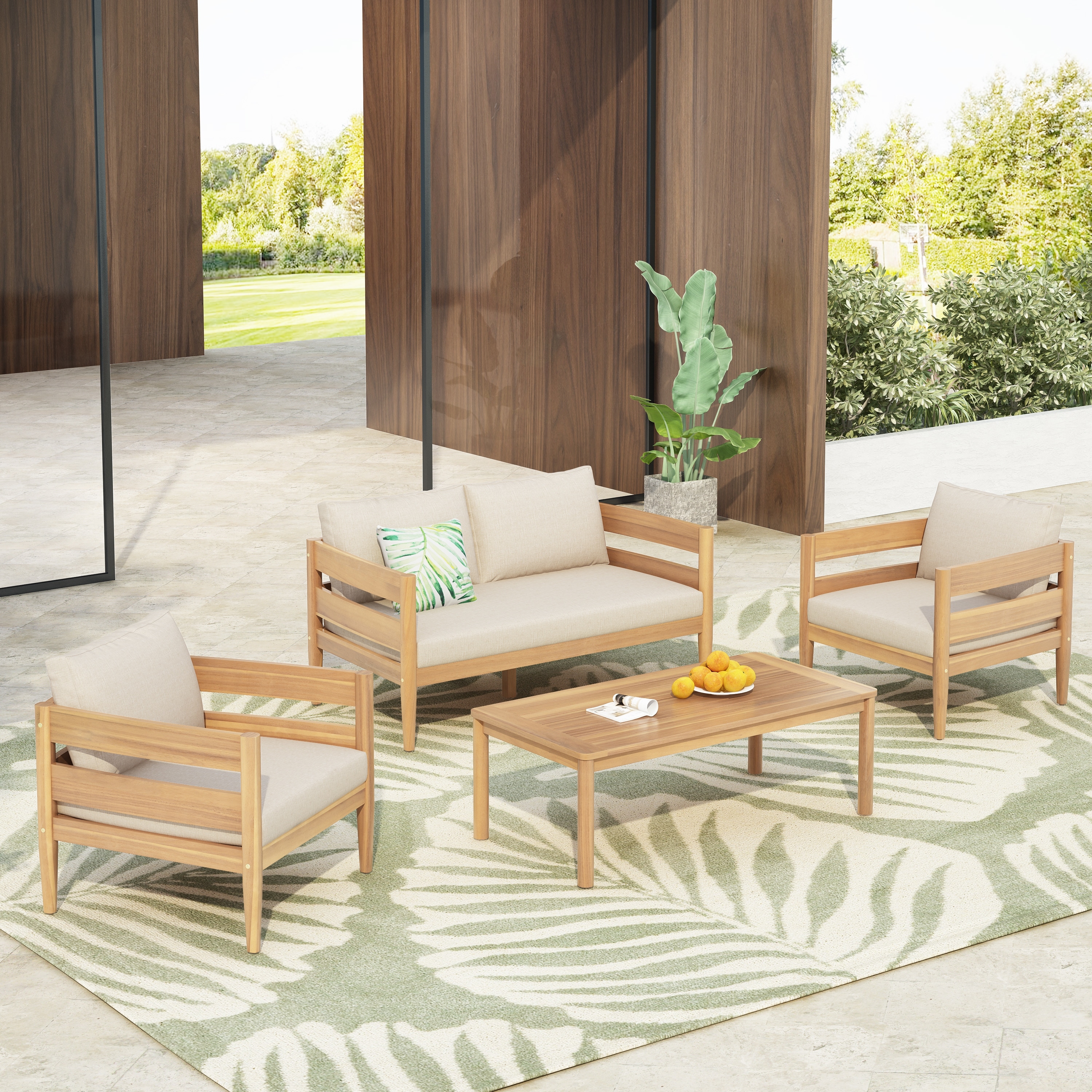 Christopher Knight Home- Jackson Curved Acacia Wood Outdoor 4 Piece Chat Set