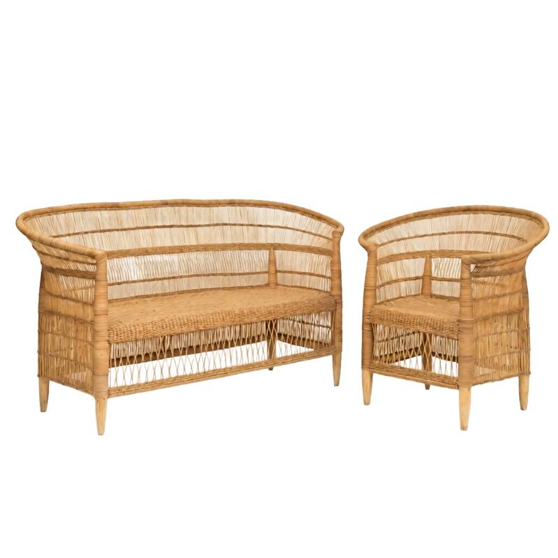 100% Handwoven Natural Rattan 2-Piece Indoor Seating Set with Chair and 3-Seater Settee, Solid Wood Frame, Boho Farmhouse
