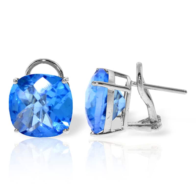 7.2 Carat 14K Solid Gold Cushion Blue Topaz Gemstone Earrings - White