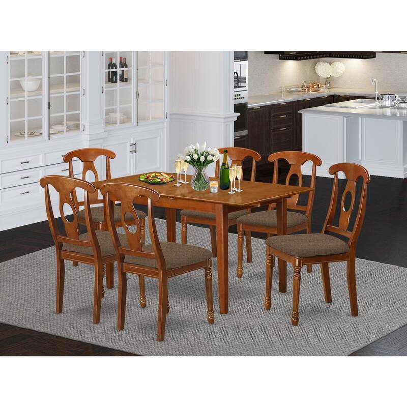 7 Piece Dinette Set - Rectangle Table with Leaf & 6 Fabric Chairs - Small Kitchen Dining Room Table