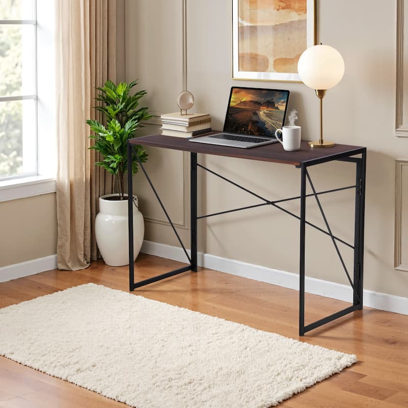 Homylin Folding Desk, Space-Saving Writing Table with Metal Frame - Walnut