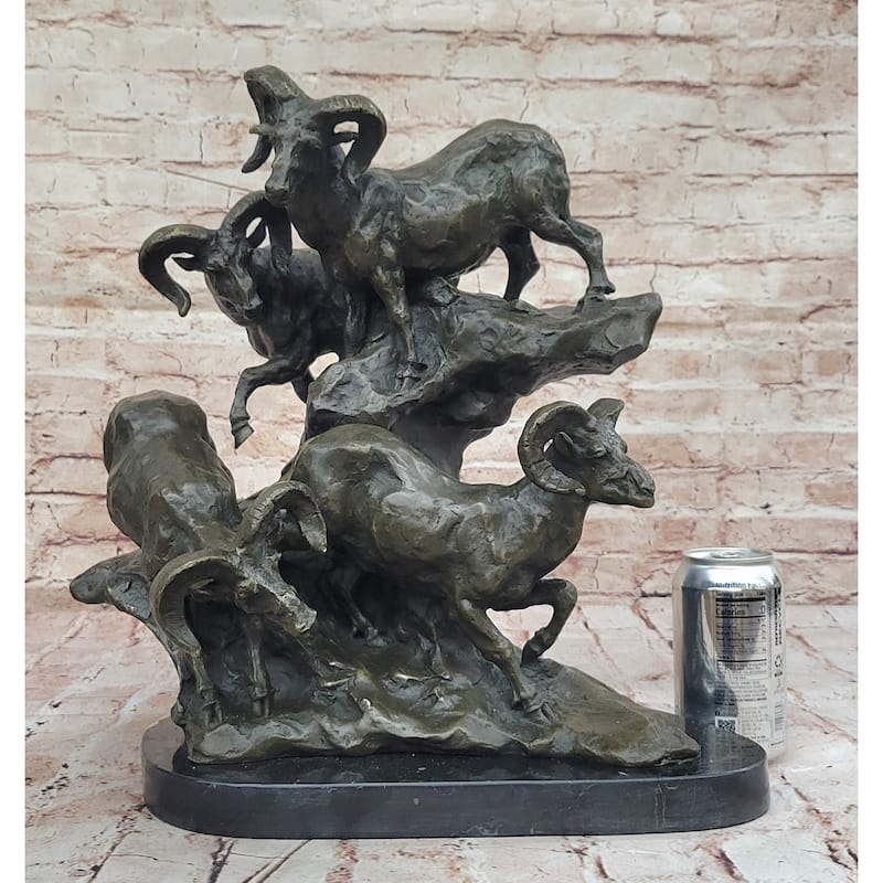 Dynamic Bronze Sculpture Of Rams On Rocky Outcrop – Wildlife Scene On Marble Base