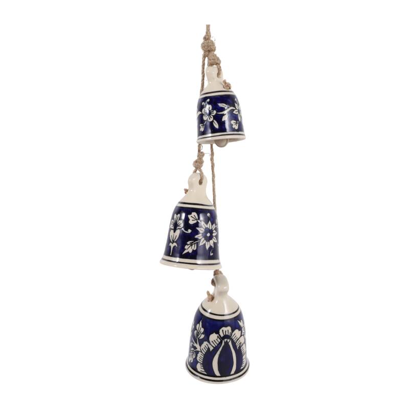 Ceramic Bells and Windchimes Handcrafted Hanging - 26" Ivory/Blue - 3" x 3" x 26"
