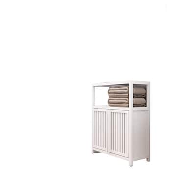 White Bamboo Storage Cabinet with Shelves, Offering Large Capacity for Bathroom, Living Room, and Other Spaces.