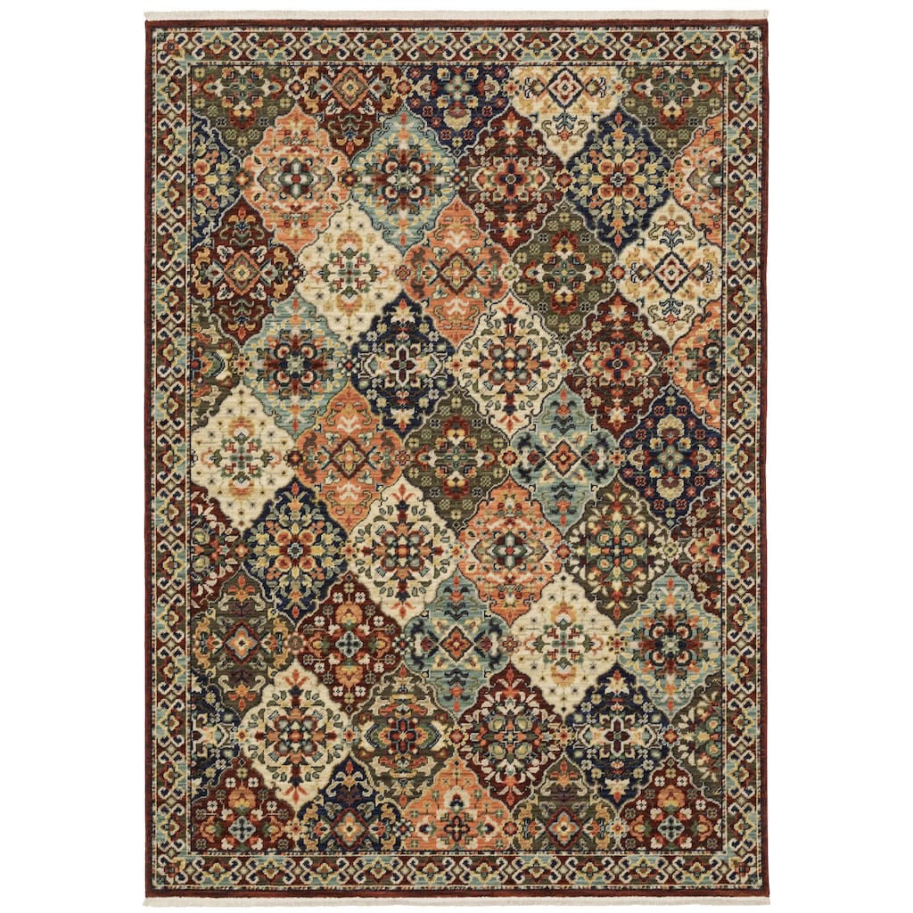 Style Haven Leander Panel Medallion Red/ Multi Fringed Wool Blend Area Rug.