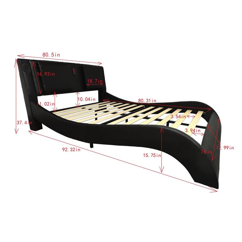 King Size Faux Leather Upholstered Platform Bed Frame with LED lighting, Bluetooth connection to play music control