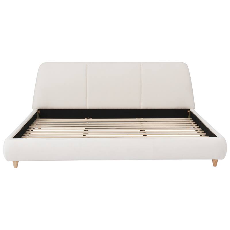 King Modern Upholstered Bed Frame, Linen Fabric, Solid Wood Legs, Elegant White
