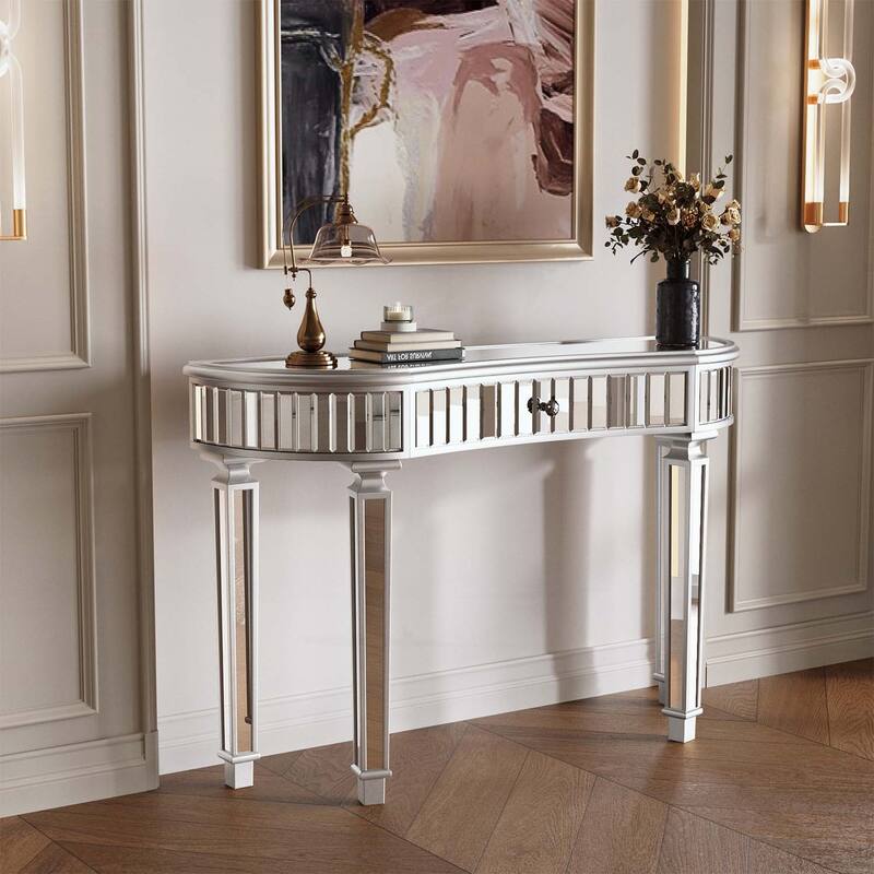 Half-Moon Mirrored Console Table with Fluted Glass,Crystal Knob Drawer