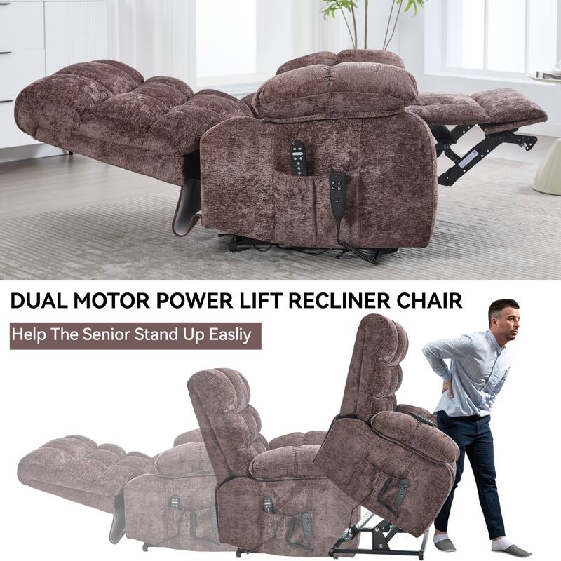 Oversized Chenille Power Lift Recliner Chair with Massage and Lumbar Heating, Charging Port, 180° Lying Flat