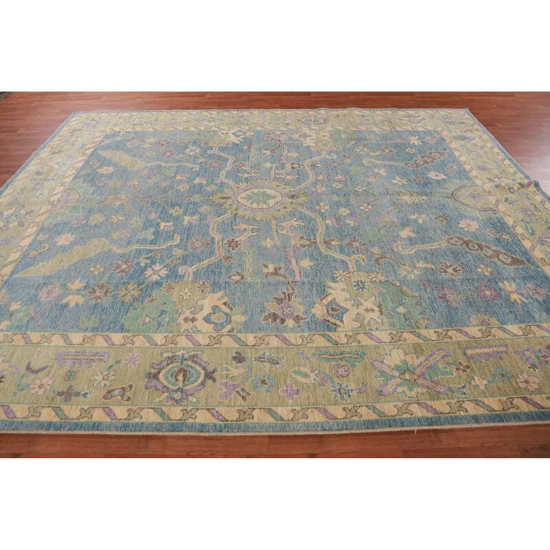 Hand Knotted Oriental 100% Wool Carpet Transitional All-Over Navy Blue & Blues Oushak Area Rug - 11' 7'' X 9' 1''