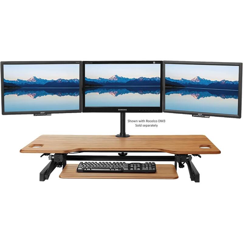 Rocelco 46 in. W Beige Height Adjustable Standing Desk Converter with Double Monitor Mount and Deep Keyboard Tray